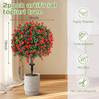 Artificial Red Rose Topiary Ball Tree 25" with Ground Spike, Set of 2 Artificial Boxwood Bushes for Faux Shrubs, Fake Evergreen Faux Plant for Indoor Outdoor Porch Garden -UV Resistant–Fade-Proof