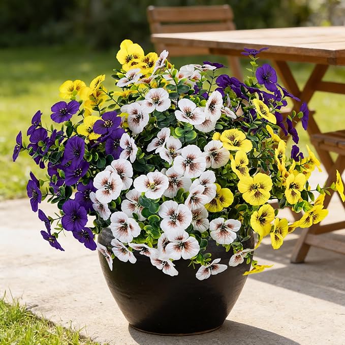 17 Inch Artificial Faux Pansy Flowers for Outdoor,Fake Pansies Flowers with Eucalyptus Leaves Fake Plants Greenery Boxwood Porch Patio Decor 6 Bundles(Dark Purple, Yellow, White)