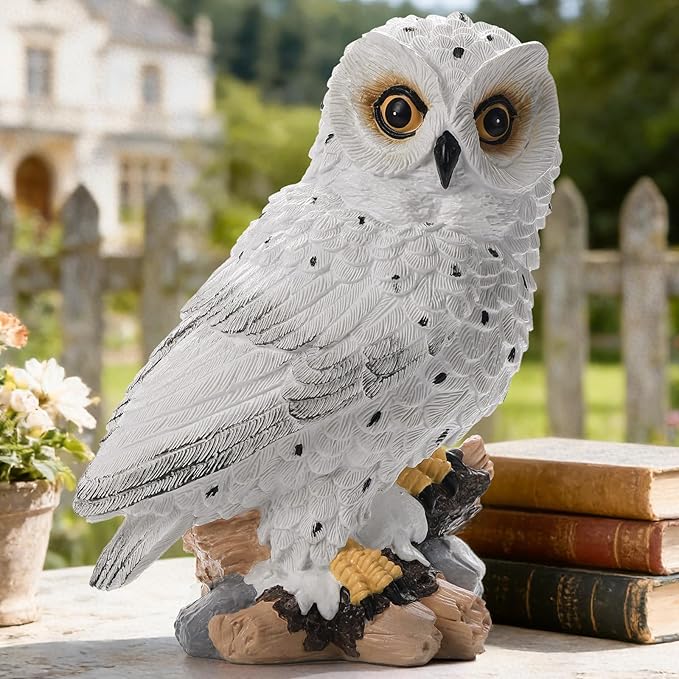 Solar Owl Garden Outdoor Statue,Owl Figurine Sculpture with LED Lights for Porch Patio Lawn Yard Deck Spring Decor - Mother's Day Housewarming Gift for Women Men Owl Lover(White)