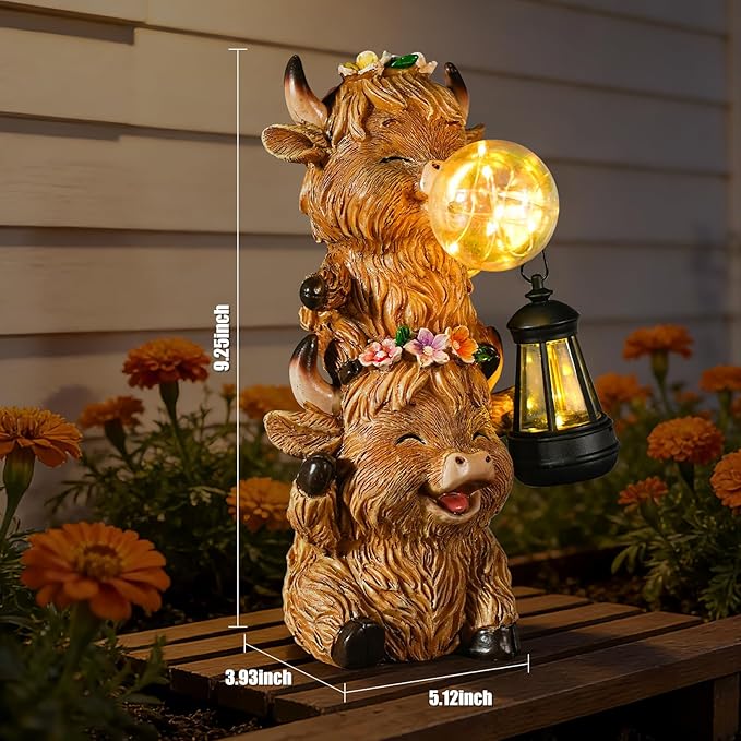 Joint Honglin Solar Highland Cow Garden Statue with LED Lights, Cute Resin Outdoor Decor with Glowing Lantern & Light-Up Bubble, Waterproof Solar Yard Ornament for Lawn, Patio & Garden (Brown Cow)
