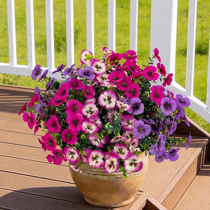 17 Inch Artificial Faux Pansy Flowers for Outdoor,Fake Pansies Flowers with Eucalyptus Leaves Fake Plants Greenery Boxwood Porch Patio Decor 6 Bundles(Light Purple,Rose White,Rose Red)