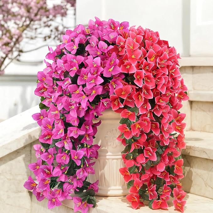 ATTGREAT Artificial Bougainvillea for Outdoors Faux Plants UV Resistant Flowers Fake Plastic Plants Realistic Silk Flowers for Porch Planter Garden Hanging Decoration, 2Pcs(Purple Red & Rose Red)