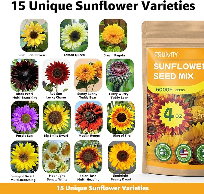 15+ Varieties 5000+ Sunflower Seeds for Planting, 4 Oz Heirloom Non-GMO Sunflower Mix Seeds to Plant (Giant Mammoth, Dwarf) Garden Variety Pack, High Germination, Attracts Pollinators