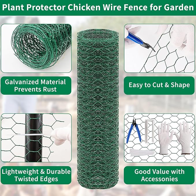 15.7 x 197in Plant Protectors from Animals – PVC Coated Green Chicken Wire Mesh Garden Barrier with 0.9mm Fine Mesh – Complete Cut-to-Size Cage Kit Includes Pliers, Gloves, Ties & U-Stakes