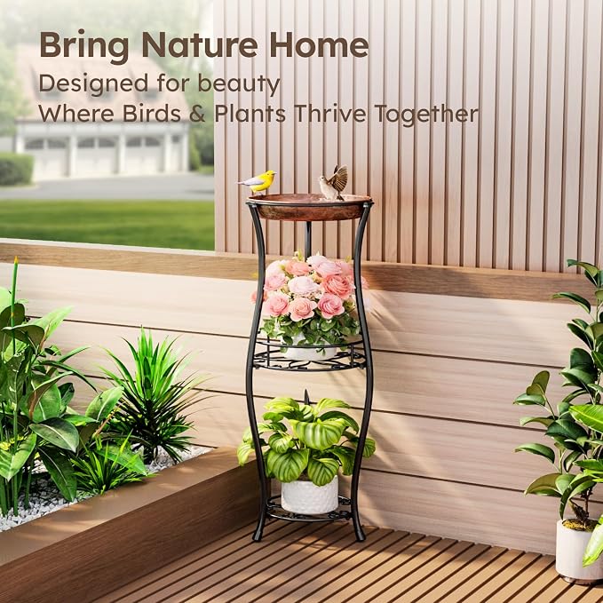 Homsorout Plant Stand Indoor Outdoor - 3 Tier 32" Tall Metal Plant Shelf with Bird Bath, Rustproof Stable Flower Pot Holder for Planter Corner Garden Balcony Patio, Black