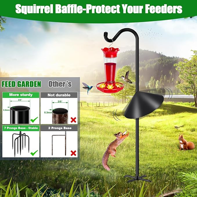 FEED GARDEN 92’’ Bird Feeder Pole Squirrel Proof 1 Pack, Adjustable Tall Shepherds Hooks for Outdoor with 7 Prongs Base, Heavy Duty Shepherd Hook with Baffles, Pole for Bird Feeder, Plant Baskets