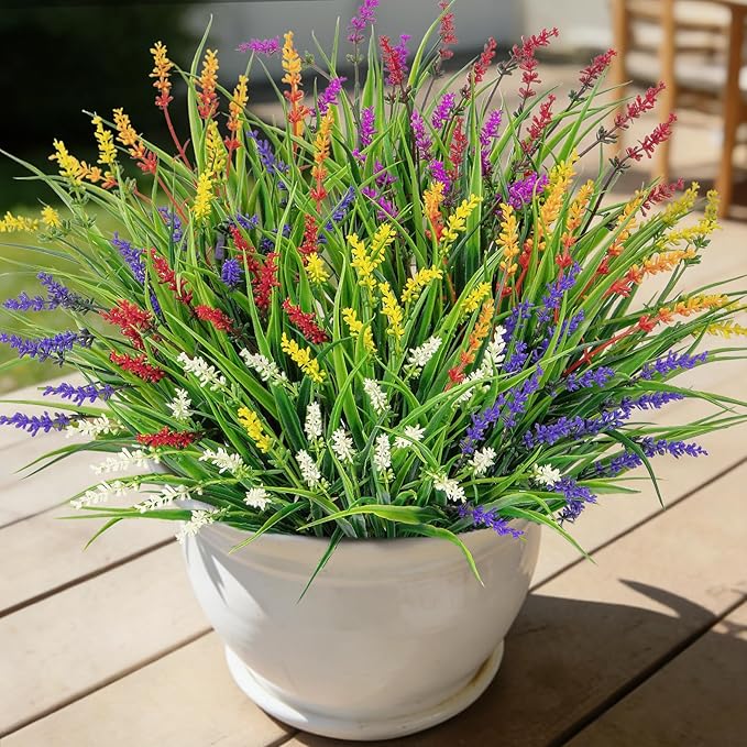24 Bundles Artificial Plants Flowers Outdoor, Faux Lavender Flowers Fake Monkey Grass UV Resistant Plastic Plant for Porch Garden Patio Window Home Decor, Mixed Color