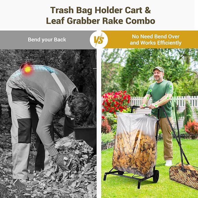 CAROD Extra Leaf Grabber Rake with Leaf Bag Cart Combo, Lightweight Metal Leaves Rakes, Leaf Collector for Gardening, Leaf and Grass Picker Upper, Efficient and Labor-Saving No Bending Over
