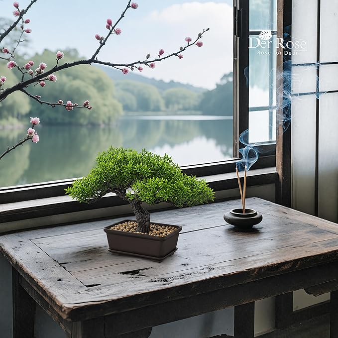 Der Rose 8 Inch Artificial Bonsai Tree Small Fake Plants Decor for Bathroom Office Desk Table Shelf Japanese Zen Ficus Decor Indoor