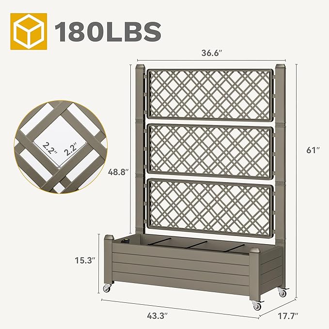 DWVO 3.6 x 1.5 x 5 FT Raised Garden Bed with Trellis, Large Outdoor Planter Trellis Box with Drainage Holes and Wheels for Climbing Plants, Light Brown