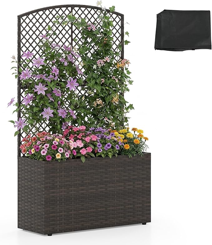 HAPPYGRILL Raised Garden Bed with Trellis, Wicker Planter Box w/Privacy Screen, Liner, Drainage, Outdoor PE Rattan Elevated Garden Bed for Climbing Plant Vine Flower (1, Brown, 29" x 11" x 49")