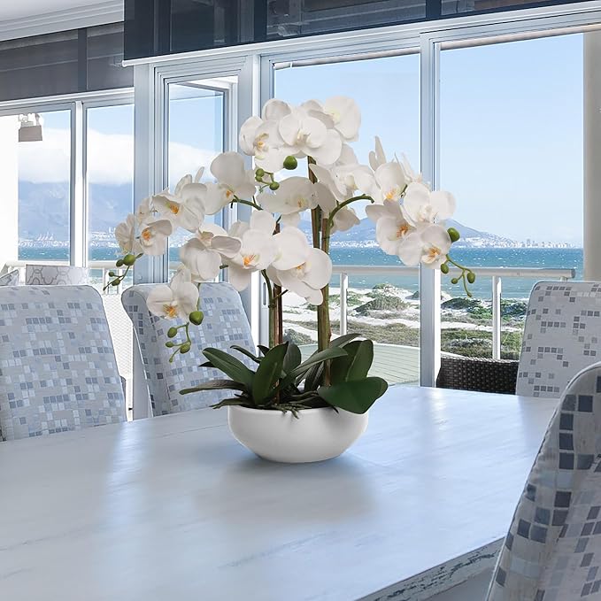 Larksilk 20" White Phalaenopsis Orchid Flowers in 8" Round White Pot | Realistic Faux Orchid | Elegant Indoor Decor for Home & Office