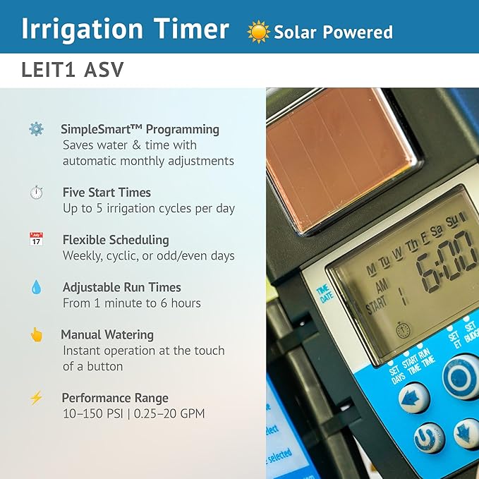 DIG LEIT 1 ASV.075 Solar Irrigation Controller with 3/4" Anti Siphon Valve | Solar-Powered, Smart Programming | Ideal for Drip & Sprinkler Systems in Residential & Commercial Irrigation (Weatherproof)