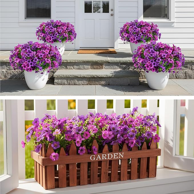 CEWOR 24 Bundles Artificial Flowers for Outdoor Indoor, Fake Silk Daisy with Eucalyptus Leaves, Faux Flower for Garden Front Door Porch Planter Patio Home Decor (Deep Purple Light Purple)