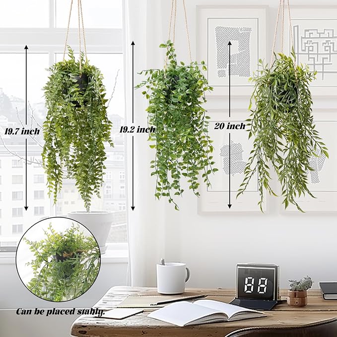 3 Packs Fake Hanging Plants with Black Pots, 20" Artificial Hanging Plants for Wall Decor, Fake Fern Plants Mandala Vine for Home Bathroom Bedroom Kitchen Office Room Decor