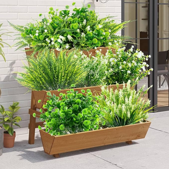 14 Bundles 5 Styles Fake Plants UV Resistant Artificial Outdoor Plant Boston Fern Lavender Plastic Flowers Greenery Shrubs for Outside Front Porch Balcony Patio Garden Home Decor
