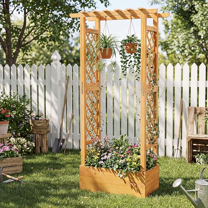 Happygrill 60" Raised Garden Bed with Trellis, 2 Pack Wood Planter Box w/Hanging Roof, 2 Side Trellises, Open-Ended Base for Flower, Climbing Plant, Plant Container for Garden