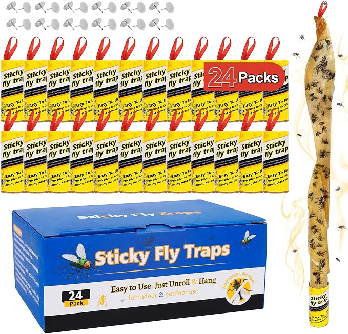 24 Pack Fruit Fly Traps for Indoors, Fly Traps Outdoor, gnat Traps for House Indoor, Fly Strips Tape Killer Catcher Paper Ribbon, Flying Insect Trap for Bug, Gnat, Insect, Mosquito