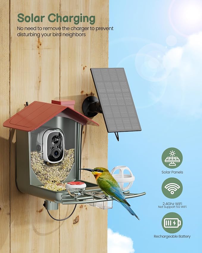 Smart Bird Feeder with Camera Outdoor: Solar Birdfeeder Cam for Outside Garden - 2K HD Live Video Camera AI Recognition Visible Window Auto Capture - Bird Lover Gifts