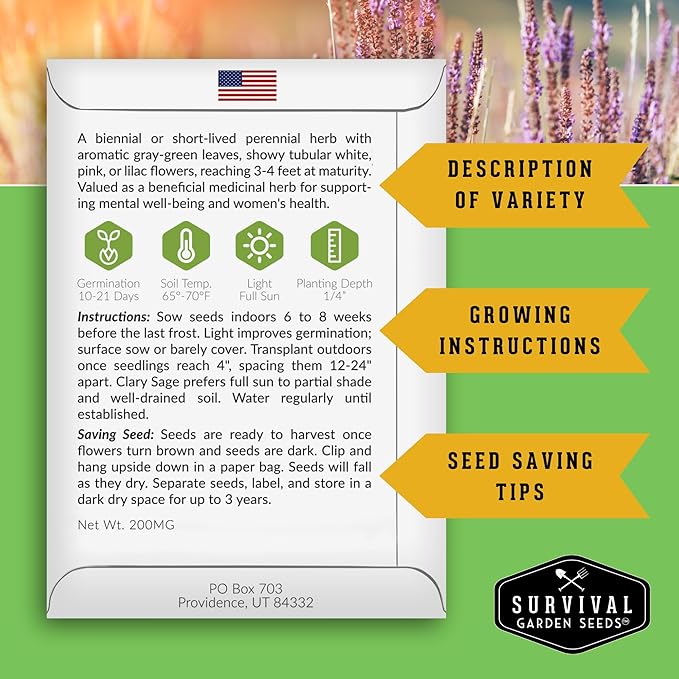 Clary Sage Seeds for Planting - Medicinal Herb for Aromatherapy & Pollinators, Fragrant Perennial Salvia Sclarea for Healing Gardens, Non-GMO Heirloom - Survival Garden Seeds (1 Pack)