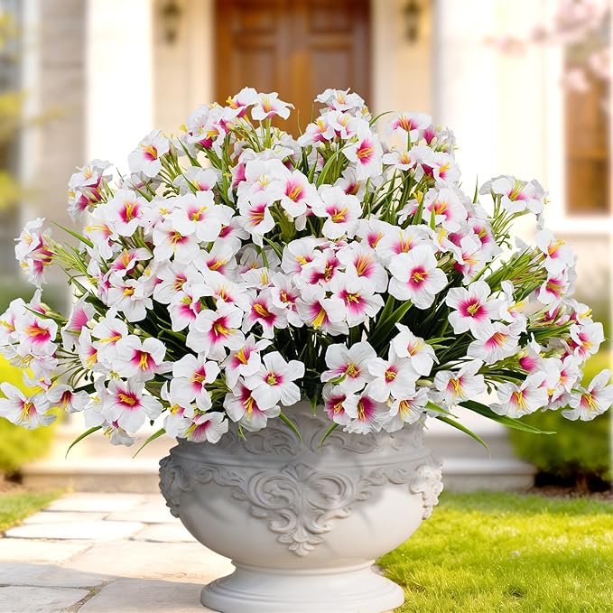 LikSoor Outdoors Artificial Flowers Spring Summer Decor Fake Petunias UV Resistant Flower Faux 12 Bundles Realistic Plastic Plant Porch Patio Window Box Garden Decoration (White)