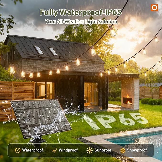 addlon 102(96+6) FT Solar String Lights Waterproof,Patio Light Solar Powered with Remote & USB Port 3 Modes, 30+2 LED Shatterproof Bulbs Outdoor Lighting for Camping Backyard Garden