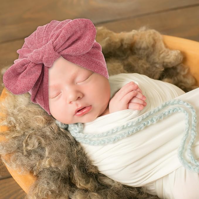 BQUBO Baby Turban Hats and Mittens Set Newborn Infant Hospital Hats Caps with Bows for Baby Boys Girls 0-12 Months