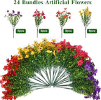 CEWOR 24 Bundles Artificial Flowers for Outdoor Indoor, Fake Silk Daisy with Eucalyptus Leaves, Faux Flower for Garden Front Door Porch Planter Patio Home Decor (Mix Red Purple Yellow Fuchsia)
