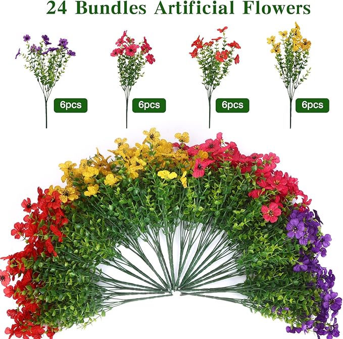 CEWOR 24 Bundles Artificial Flowers for Outdoor Indoor, Fake Silk Daisy with Eucalyptus Leaves, Faux Flower for Garden Front Door Porch Planter Patio Home Decor (Mix Red Purple Yellow Fuchsia)