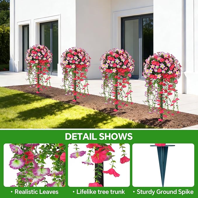 2Pcs Artificial Morning Glory Topiary Trees, Red Fake Shrubs Bushes with Ground Spike, Faux Evergreen for Porch Plants, UV Resistant Artificial Flowers for Outdoors Indoor Front Garden