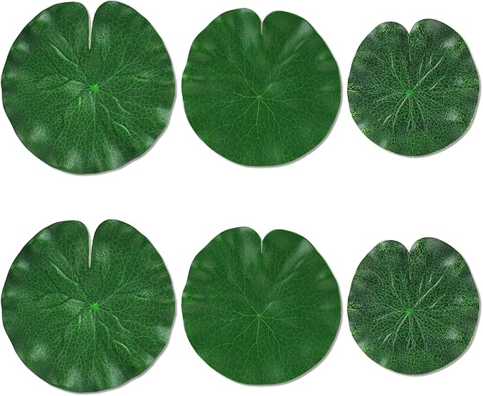 Abeillo 6Pcs Fake Lily Pads, 3 Sizes Floating Artificial Lily Pads Decorations, Realistic Pond Plants Decor for Pool Patio Aquarium Fountain