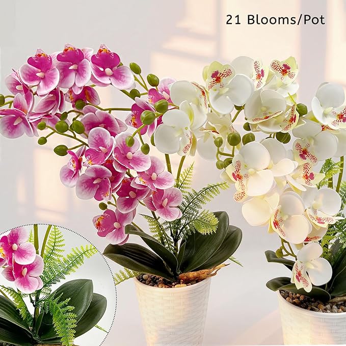 Daily Treasures 21-Heads Artificial Orchid Flower in Pot,2 Pack Potted Orchid Plant,Fake Phalaenopsis Flowers with Plastic Vase,Silk Flowers Indoor Decor for Home Table Centerpiece(White & Purple)
