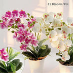 Daily Treasures 21-Heads Artificial Orchid Flower in Pot,2 Pack Potted Orchid Plant,Fake Phalaenopsis Flowers with Plastic Vase,Silk Flowers Indoor Decor for Home Table Centerpiece(White & Purple)