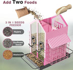 FlowaFoli Bird Feeders for Outdoors, Metal Bird Feeder with Double Suet Cage Weatherproof Metal Roof, 2 in 1 Mixed Seeds Suet Feeder, 4Lbs Large Capacity, Great for Finch、Cardinal、Chickadee（Pink）