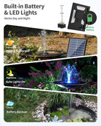 POPOSOAP 8W Solar Fountain Pump with 3200mAh Battery Backup & LED Lights, Solar Water Fountain Kit with 8 Nozzles & PVC Tubing for Bird Bath, Pond, Fish Tank, Backyard Decor P108DL