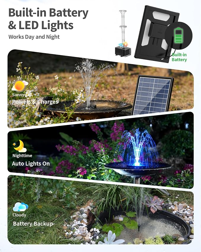 POPOSOAP 8W Solar Fountain Pump with 3200mAh Battery Backup & LED Lights, Solar Water Fountain Kit with 8 Nozzles & PVC Tubing for Bird Bath, Pond, Fish Tank, Backyard Decor P108DL