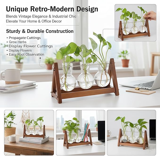 Plant Terrarium with Wooden Stand, 3 Bulb Glass Vase Metal Holder, Retro Hydroponics Planter for Home/Garden/Office Decor, for Women & Mom (1, Natural Wood, 3-Bulb)