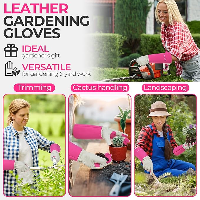 HANDLANDY Rose Pruning Gardening Gloves for Men & Women, Thornproof Long Gauntlet Gloves, Pigskin Leather - Breathable & Durability (Medium)