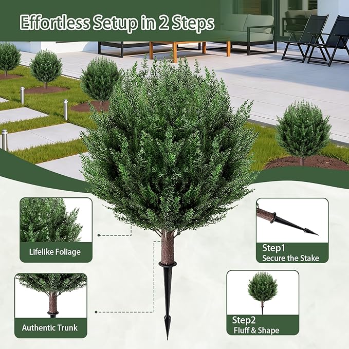 2 Pack 2FT Artificial Cedar Topiary Trees with Ground Spike, Fake Pine Shrubs Bushes, UV Resistant Faux Evergreen Cypress Tree Plants for Indoor Outdoor Planters Front Porch