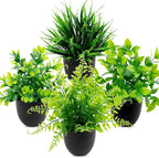 4 Pack Mini Artificial Plants Fake Potted Plants for Home Office Bathroom Shelf Desk Decor, Small Faux Greenery with Black Pots, Assorted Faux Grass & Leaf Plants for Indoor Aesthetic Decoration