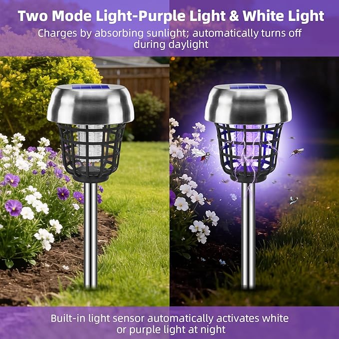2026 Solar Bug Zapper Outdoor Waterproof Mosquito Repellent Outdoor Patio Mosquito Trap & Killer for Backyard, Farm, Garden, Solar Powered Fly Zapper for Small Flying Insect, Flies, Gnats, Moths(4)