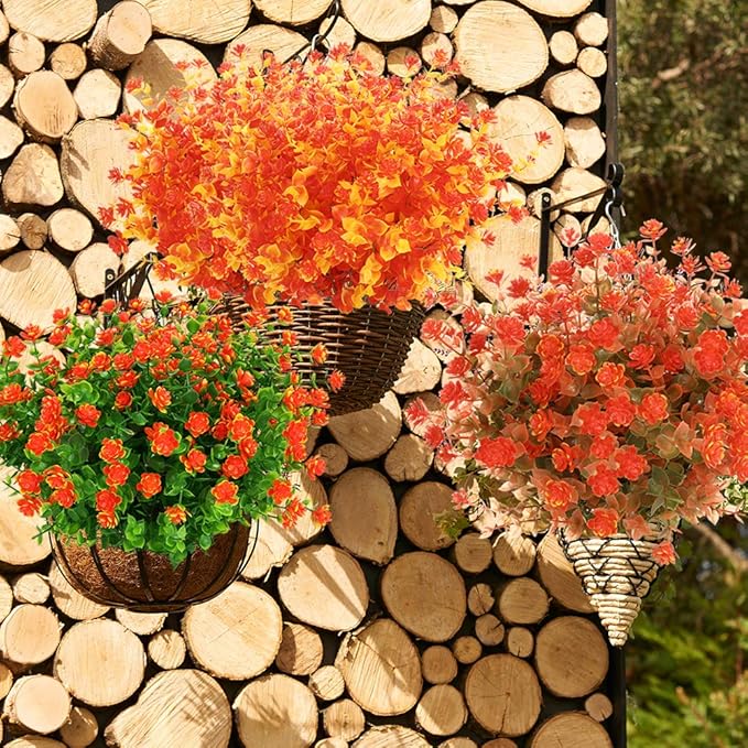 24 Bundles Artificial Fall Flowers No Fade Faux Autumn Plants, Fake Indoor Outdoor Greenery for Thanksgiving Christmas Wedding Party Home Garden Fireplace Décor (Tangerine)