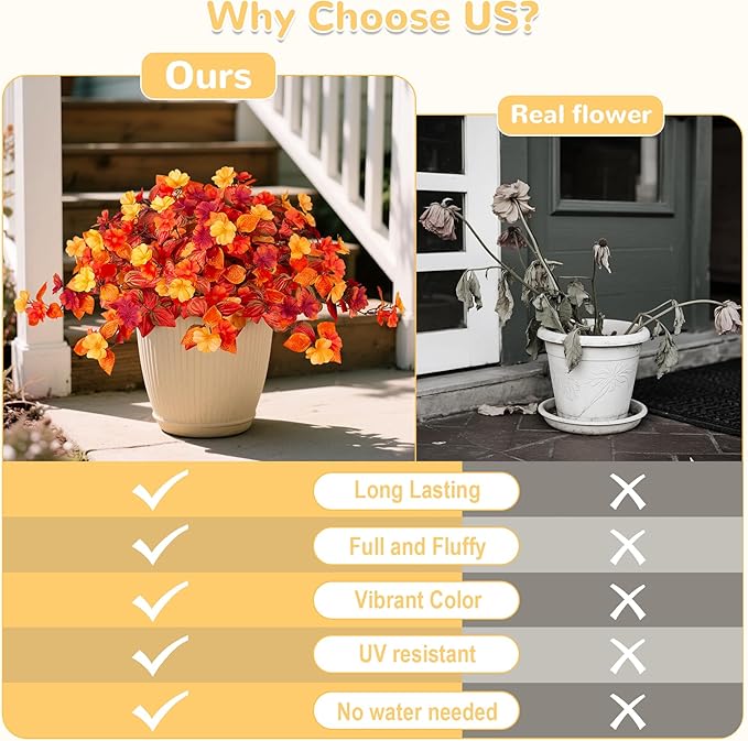 INXUGAO Fake Fall Flowers Artificial for Decoration 2PCS Faux Silk Fall Flowers Plants for Outdoors Outside Planters UV Resistant Looks Real for Front Door Porch Patio Garden Decor