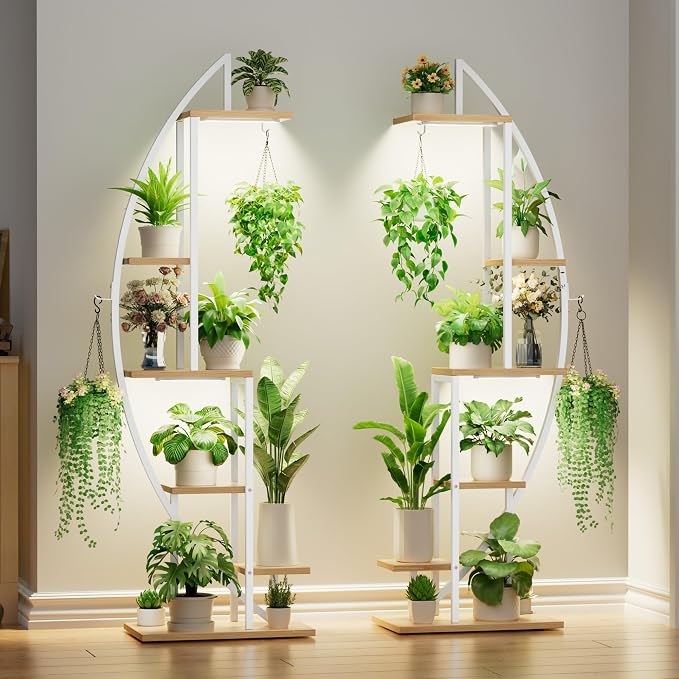 BACEKOLL Plant Stand Indoor with Grow Lights, 6 Tiered Tall Plant Shelf, 63" Metal Plant Stand for Indoor Plants Multiple, Half-Moon Plant Rack Display Shelf, 2 Pcs Plant Holder for Living Room, White