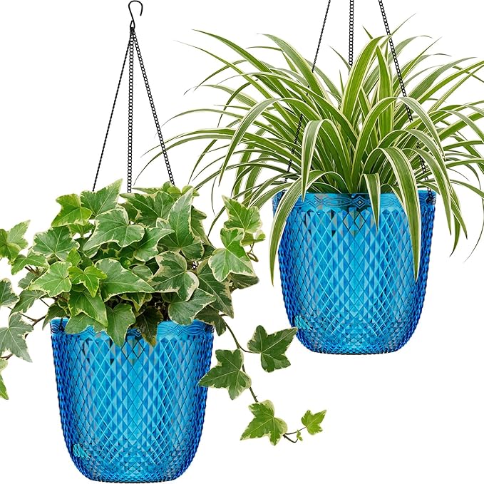 QCQHDU Self Watering Hanging Pots, 2 Pack 5.7 Inch Hanging Planters for Plants Indoor, Flower Pots with Drainage Holes and 3 Hooks Chains for Garden Home (Klein Blue)