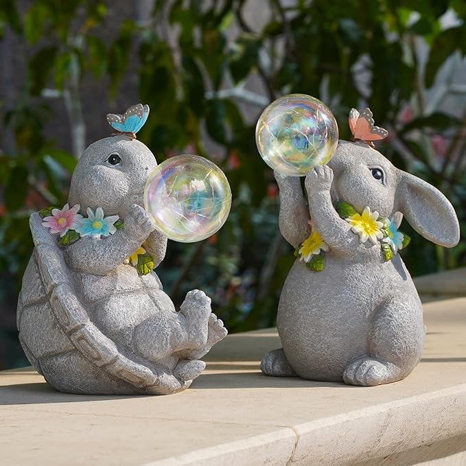 Solar Turtle Statues Garden Decor with Bubble LED Light, Outdoor Tortoise Statue Resin for Patio, Lawn, Yard Gift for Mother's Day, Birthday, Housewarming