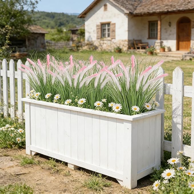 24PCS Artificial White Pink Tip Dog Tail Grass Onion Grass UV Resistant Outdoors Faux Shrubs Ornamental Wheat Grass Cattails Faux Bushes Home Decor for Outdoor Garden