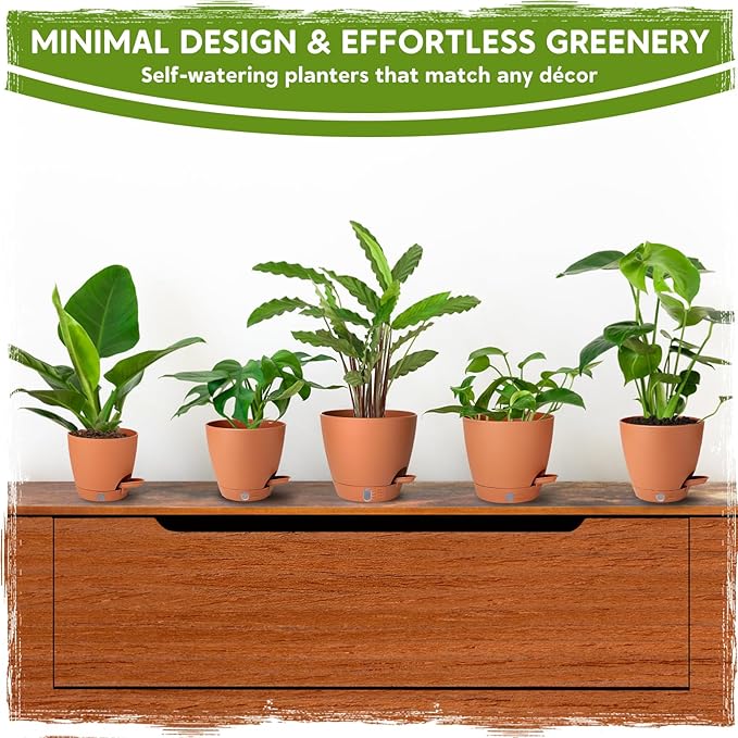 Self Watering Pots for Indoor Plants (5/5.5/6/6.5/8 Inch), Terra Cotta Planters with Water Level Indicator & Drainage,Wicking Pots for Monstera, Herbs & Snake Plant (Terra Cotta, 5/5.5/6/6.5/8 Inch)