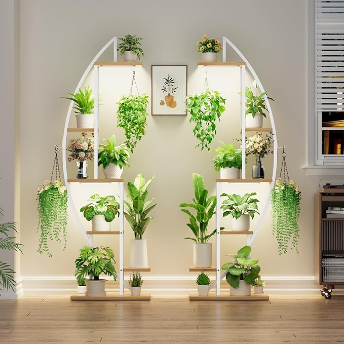 BACEKOLL Plant Stand Indoor with Grow Lights, 6 Tiered Tall Plant Shelf, 63" Metal Plant Stand for Indoor Plants Multiple, Half-Moon Plant Rack Display Shelf, 2 Pcs Plant Holder for Living Room, White