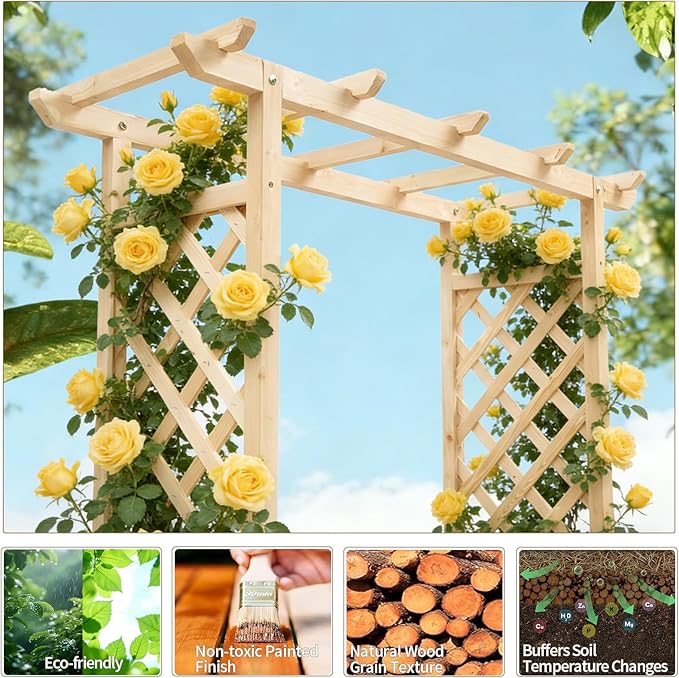VINGLI 45 in Raised Garden Bed with Trellis & Hanging Roof, Wooden Elevated Planter Box with Drainage Holes for Outdoor Climbing Plants Vegetables Flowers, Patio Yard Balcony (Natural Wood, Medium)